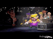 a group of cartoon characters including mario and wario are on a stage with perfect imageplay written on the bottom