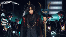 a group of skeletons are standing around a man with a scythe and a cane