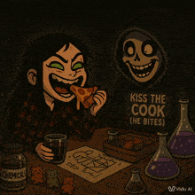 a cartoon of a girl and a grim reaper eating pizza with chemicals in the background