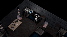 a person laying on a bed in a dark room with a desk and chairs