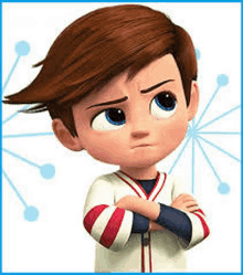 a cartoon boy with brown hair and blue eyes is standing with his arms crossed and looking at the camera .