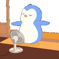 a cartoon of a penguin standing next to a fan