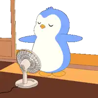 a cartoon of a penguin standing next to a fan