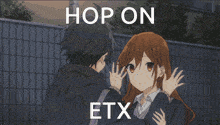 a picture of a boy and a girl kissing with the words hop on etx above them