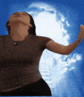 a woman stands in front of a cloudy sky