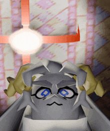 a cartoon character with glasses and horns looks at the camera with a cross in the background