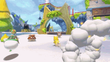 a video game scene with a few characters including goomba