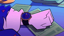 a cartoon drawing of a person wearing a watch that shows the time as 8:17