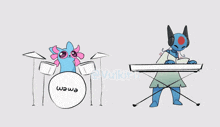 a drawing of a axolotl playing drums and a drawing of a person playing a keyboard