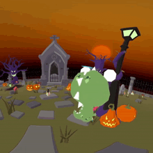 a cartoon of a cemetery with pumpkins and a bat