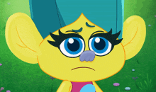 a cartoon character with big ears and blue hair looks sad