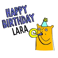 a cartoon drawing of a cat blowing a party horn with the words happy birthday lara below it