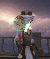 a cartoon character is holding a sword and wearing goggles and a mask
