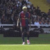 a soccer player with the number 9 on his jersey stands on the field