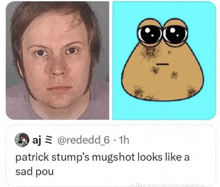 a picture of patrick stump 's mugshot next to a picture of a sad pou