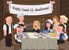 a group of people sitting around a table with a banner that says happy sweet 16 madonna on it