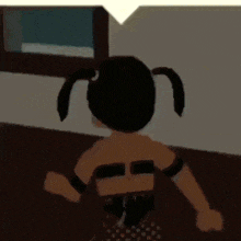 a girl with pigtails is standing in front of a window in a room