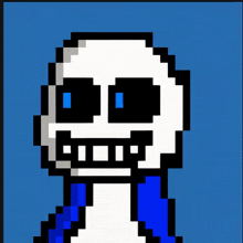 a pixel art of a skull with a blue scarf around its neck