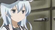 a girl with blue hair and a hat is standing in front of a refrigerator .