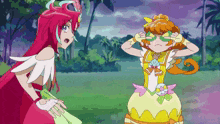 two anime girls are standing next to each other in a field and one of them is wearing sunglasses .