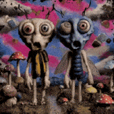 a couple of cartoon characters standing next to each other in a field of mushrooms