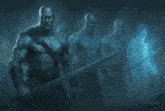 a group of warriors with glowing swords are walking through a foggy cave