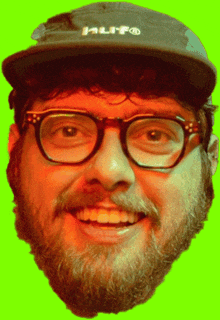 a man with a beard wearing glasses and a hat that says huf