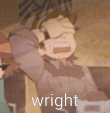a pixelated image of a man covering his face with his hands and the word wright below him