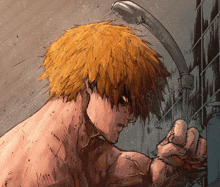a drawing of a man taking a shower with a shower head in the background