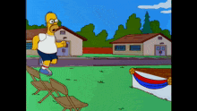 a cartoon of homer simpson standing on a chair in front of a building
