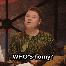 a man with his mouth open says i 'm * horny