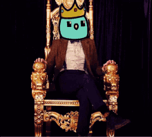 a man in a suit sits on a throne with a crown on his head