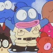 a blue cartoon character with a pink mouth and glasses