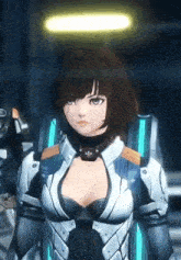 a girl in a futuristic suit with a collar that says ' adidas ' on it