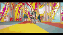 a group of people are dancing in a room with a colorful mural on the wall .