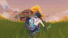 a video game character holding a sword in a field with a house in the background