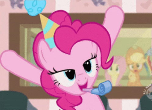 pinkie pie mlp excitedly talking with a party horn in her mouth style