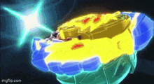 a yellow and blue spinning top is being thrown in the air .