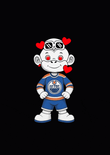 an edmonton oilers mascot with hearts around his eyes