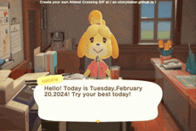 a video game character named isabelle says hello today is tuesday february 20,2024