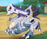 a cartoon drawing of a dragon with a sword on its back