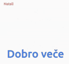 a greeting card with two little twin stars and the words " dobro vece " in blue