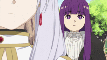 a girl with purple hair and blue eyes stands next to a man