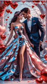 a man in a suit and a woman in a long dress are kissing in front of balloons and hearts