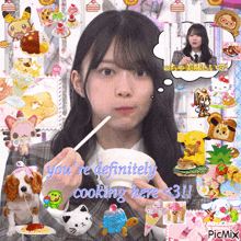 a girl with a spoon in her mouth says you 're definitely cooking here 3