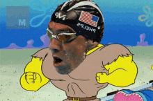 a cartoon of a man wearing a swim cap that says ' 28j3hb ' on it