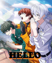 a group of anime characters are standing next to each other and the word hello is on the bottom
