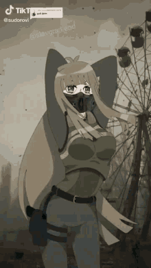 a drawing of a girl wearing a gas mask and a gun
