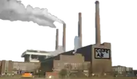 a large factory with smoke coming out of the chimneys and a sign that says copl ab