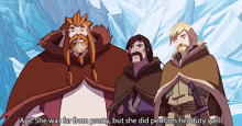 three cartoon characters are standing next to each other and one of them is saying aye she was far from pretty but she did perform her duty well